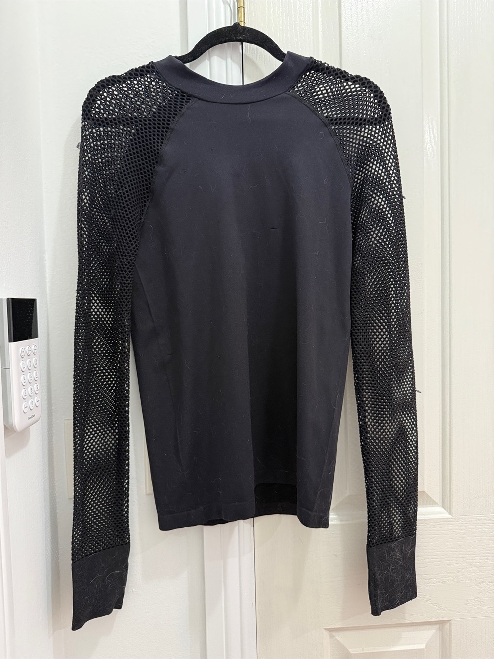 Fabletics Black Mesh-Sleeve Crewneck Long-Sleeve Top